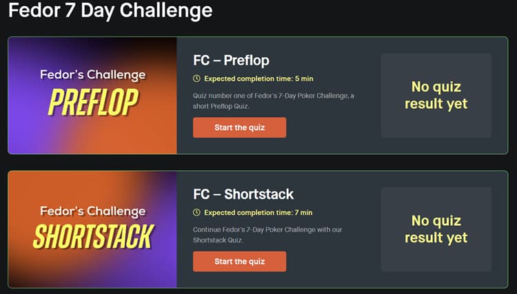 PokerCode Fedor 7 Day Challenge screen featuring poker quizzes 