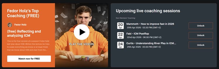 PokerCode free coaching page featuring Fedor Holz promoting 