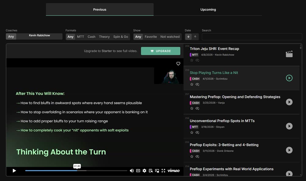 GTO Wizard poker coaching platform interface showing training video library with filters for coaches, formats (MTT, cash, theory), and viewing history; includes lesson preview on turn strategy, upcoming videos list, and topics like preflop exploits, bluffing, and tournament play to improve poker skills using GTO-based coaching content