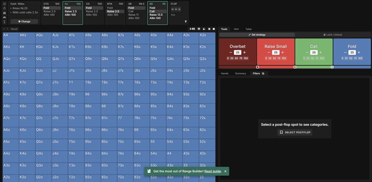 GTO Wizard range builder interface showing preflop hand matrix for cash games with customizable betting actions including overbet, small raise, call, and fold; includes stack depth settings, position-based ranges, and postflop selection tools for constructing optimal GTO poker strategies and hand ranges