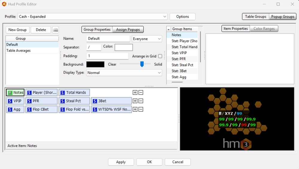Holdem Manager 3 HUD Profile Editor screen showing customization of poker HUD layout with stats like VPIP, PFR, 3-bet, aggression, and steal percentage; interface includes group properties, color ranges, popup assignments, and grid arrangement for building advanced HUD profiles for online poker tracking and analysis