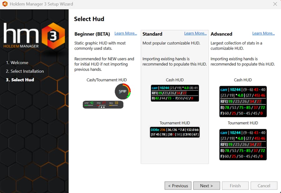 Holdem Manager 3 setup wizard screen showing HUD selection options for beginner, standard, and advanced users; interface displays customizable poker HUD layouts with player stats like VPIP, PFR, and aggression for cash games and tournaments, helping players choose the best tracking configuration for online poker analysis