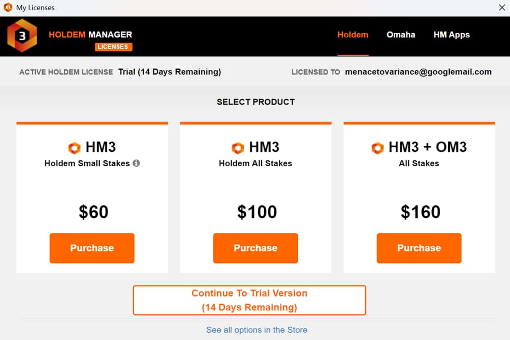 Holdem Manager 3 license selection screen showing poker tracking software pricing plans for HM3 Holdem Small Stakes ($60), Holdem All Stakes ($100), and HM3 + Omaha bundle ($160), with active trial status and purchase options; interface highlights licensing options for HUD, hand tracking, and advanced poker analysis tools