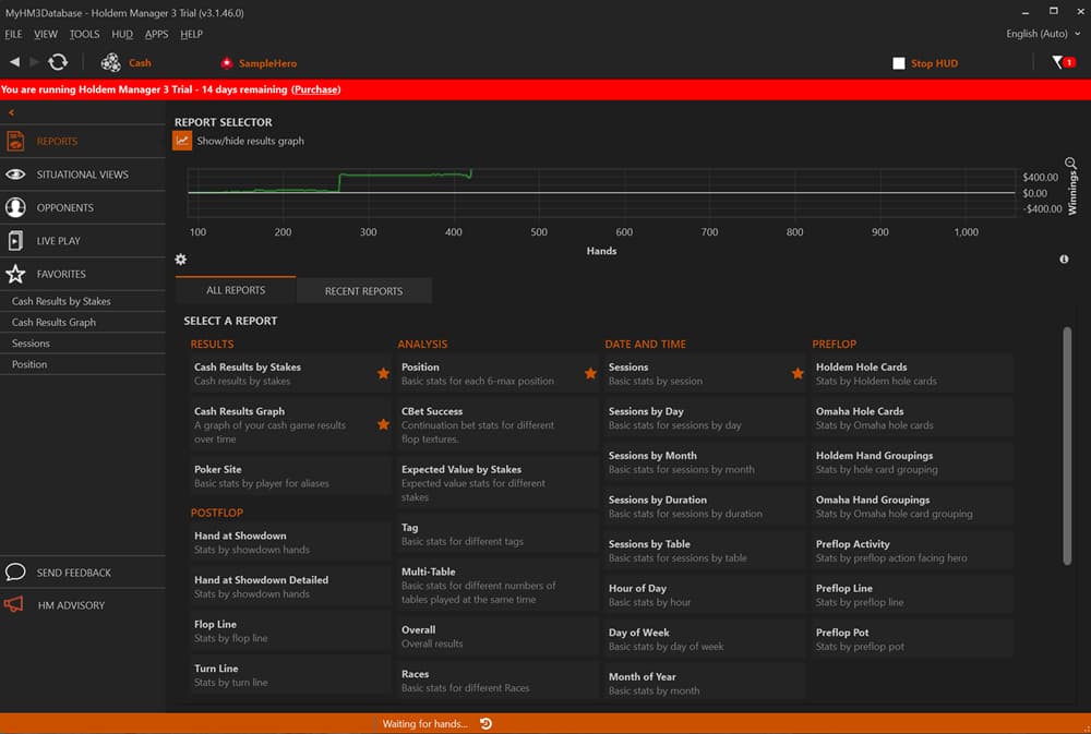 Holdem Manager 3 reports overview dashboard showing poker tracking software interface with results graph, report selector, and analysis tools; includes sections for cash results, positional stats, sessions, preflop and postflop analysis, and performance metrics, helping players review hands, track win rates, and optimize online poker strategy