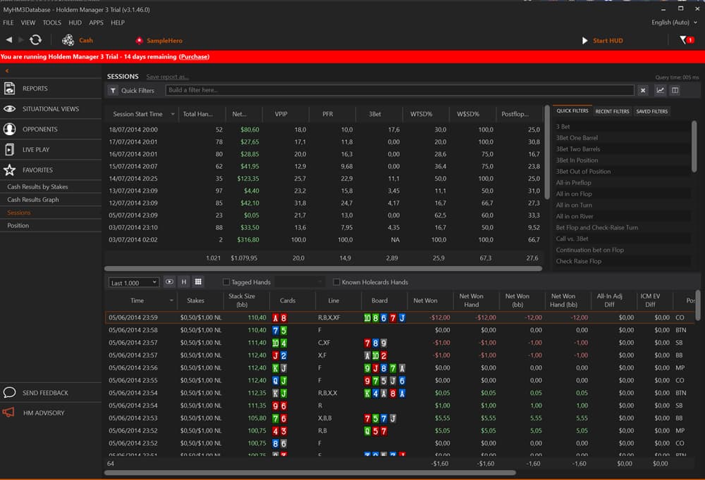 Holdem Manager 3 sessions overview dashboard showing poker tracking software with session results, profit/loss, VPIP, PFR, 3-bet, and postflop stats; includes detailed hand history table with cards, board runouts, net winnings, and filters for analyzing online poker sessions and improving performance