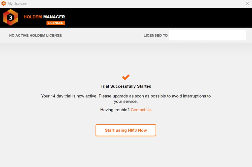 Holdem Manager 3 trial activation screen showing license dashboard with message “Trial Successfully Started,” confirming 14-day free trial for poker tracking software; includes option to upgrade, contact support, and start using HM3 for HUD stats, hand tracking, and online poker analysis