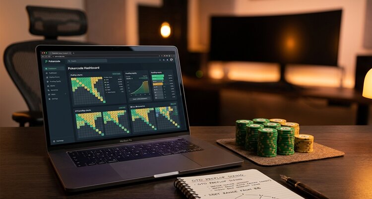 Laptop showing poker training content with chips and strategy notes on a dark desk