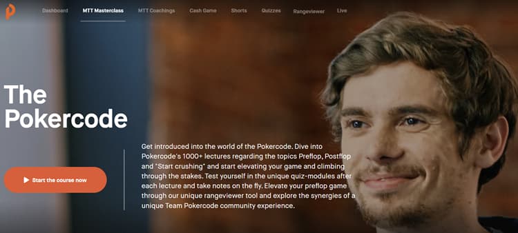 PokerCode MTT Masterclass landing page featuring poker coach Fedor Holz promoting advanced tournament strategy training, with headline 
