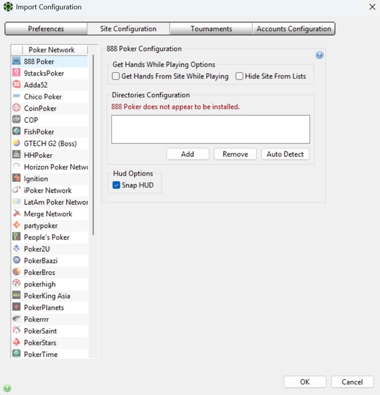 PokerTracker 4 import configuration screen showing site setup and hand history import settings, with poker networks list including 888poker, PokerStars, partypoker, and iPoker; interface displays directory configuration, auto-detect options, and HUD settings for tracking hands while playing and integrating poker site data for analysis