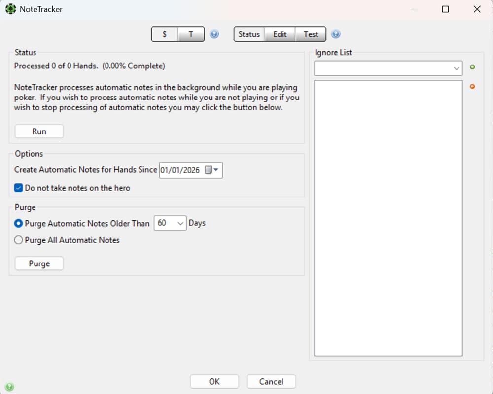 PokerTracker 4 NoteTracker tool interface showing automatic note-taking settings for online poker, including status panel, hand processing progress, options to create notes by date, and purge settings for old notes; features ignore list, run controls, and configuration options for generating opponent reads and HUD notes during gameplay