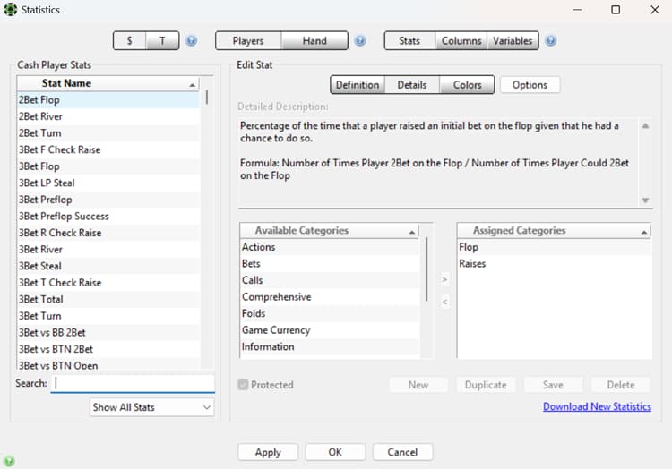 PokerTracker 4 statistics editor interface showing custom stat configuration for online poker HUD, including 2-bet and 3-bet metrics, formula definitions, and category assignments; screen displays stat calculation formula, available actions (bets, calls, folds), and options for creating, editing, and optimizing player statistics for advanced poker tracking and analysis