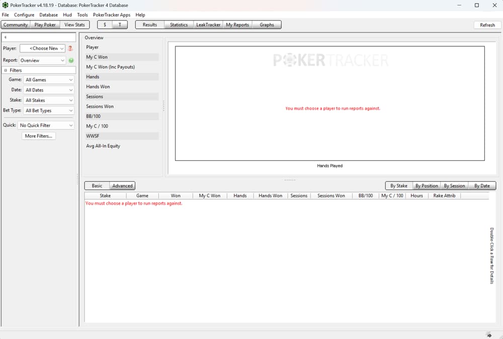 PokerTracker 4 stats overview dashboard showing poker database analysis interface with filters for games, stakes, and dates, along with performance metrics such as BB/100, win rate, sessions won, and hands played; includes report tabs like results, statistics, LeakTracker, and graphs for tracking online poker performance and identifying leaks