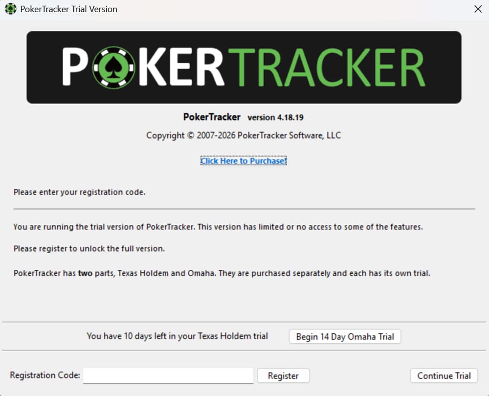 PokerTracker 4 trial version screen showing software registration window with PokerTracker logo, version 4.18.19 details, and purchase link; interface prompts for registration code, displays trial limitations, and shows remaining trial time for Texas Hold’em with option to start Omaha trial, highlighting poker tracking software setup and licensing