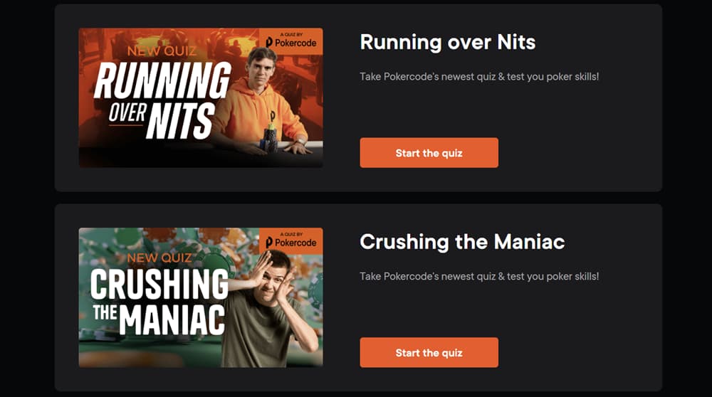 PokerCode quiz selection page featuring poker training quizzes 