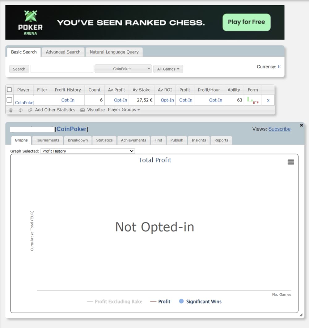 SharkScope Player Statistics SharkScope player statistics interface showing online poker tracking dashboard with basic and advanced search options, player profit history, ROI, average stake, and performance metrics for CoinPoker; includes total profit graph view (not opted-in), filters, and analytics tools for evaluating poker player results and tournament performance