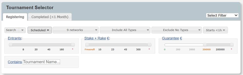 SharkScope Tournament Selector SharkScope tournament selector interface showing advanced poker tournament filters including entrants, buy-in and rake, prize pool guarantees, and network selection; features search tools, scheduled events, and customizable filters to find online poker tournaments by size, stakes, and start time for optimized tournament selection