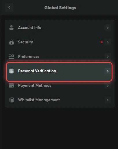 BC.Game Global Settings with Personal Verification Highlighted BC.Game Global Settings menu with the Personal Verification option highlighted to begin KYC verification for the $5 no deposit bonus