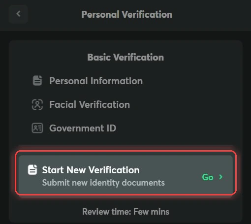 BC.Game Personal Verification with Start New Verification Highlighted BC.Game Personal Verification page with the Start New Verification button highlighted to begin KYC submission for the $5 no deposit bonus