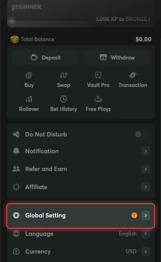 BC.Game Profile Menu with Global Setting Highlighted BC.Game profile dropdown menu with the Global Setting option highlighted, showing the orange dot indicating unverified KYC items pending