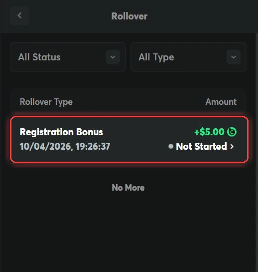 BC.Game Rollover Page Showing $5 Registration Bonus Credited BC.Game Rollover page with the +$5.00 Registration Bonus highlighted, confirming the no deposit bonus has been credited after KYC verification