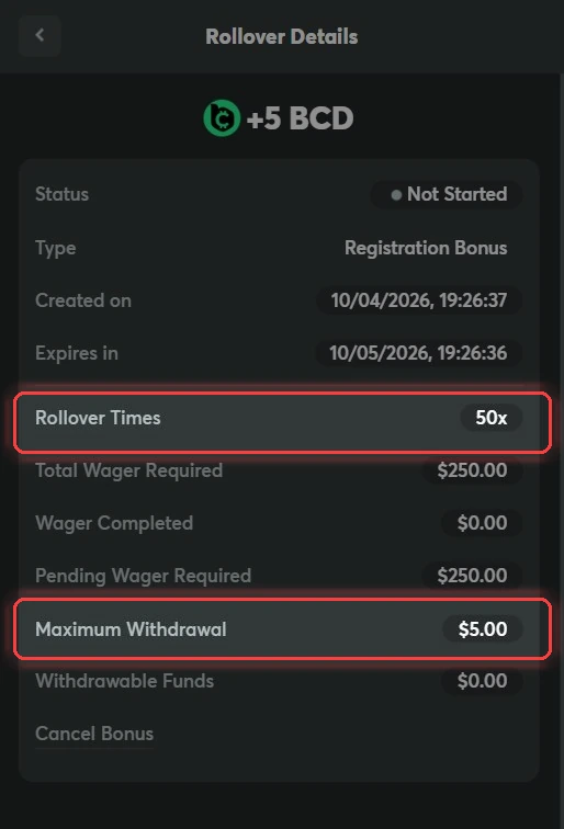 BC.Game Rollover Details Showing 50x Wagering and $5 Max Withdrawal Cap BC.Game Rollover Details page with the 50x rollover times and $5 maximum withdrawal cap highlighted, confirming the no deposit bonus terms