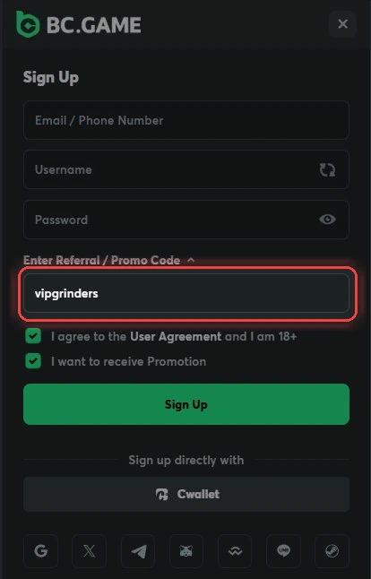 BC.Game Signup Form with VIPGRINDERS Promo Code Highlighted BC.Game signup form with the Enter Referral / Promo Code field highlighted and vipgrinders entered to claim the $5 no deposit bonus
