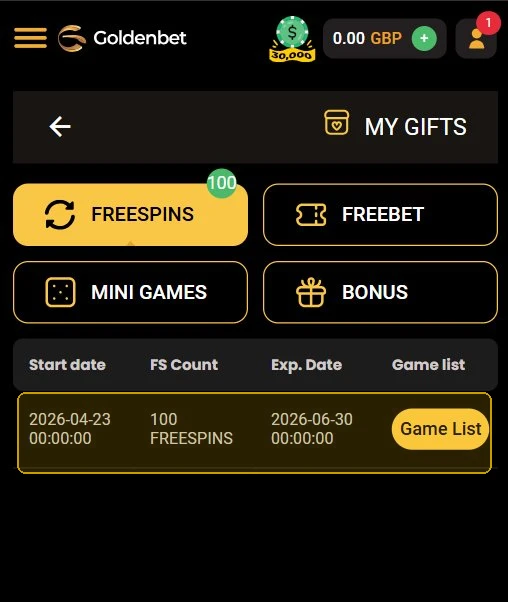 Goldenbet mobile My Gifts panel showing 100 free spins activated with promo code VIPG