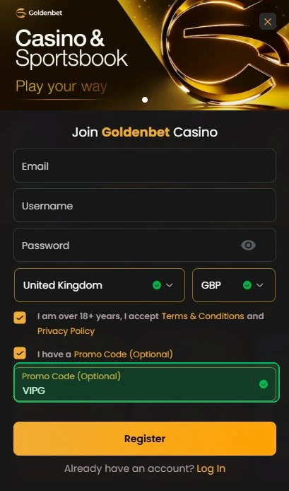 Goldenbet mobile registration form showing where to enter the promo code VIPG in the optional code field