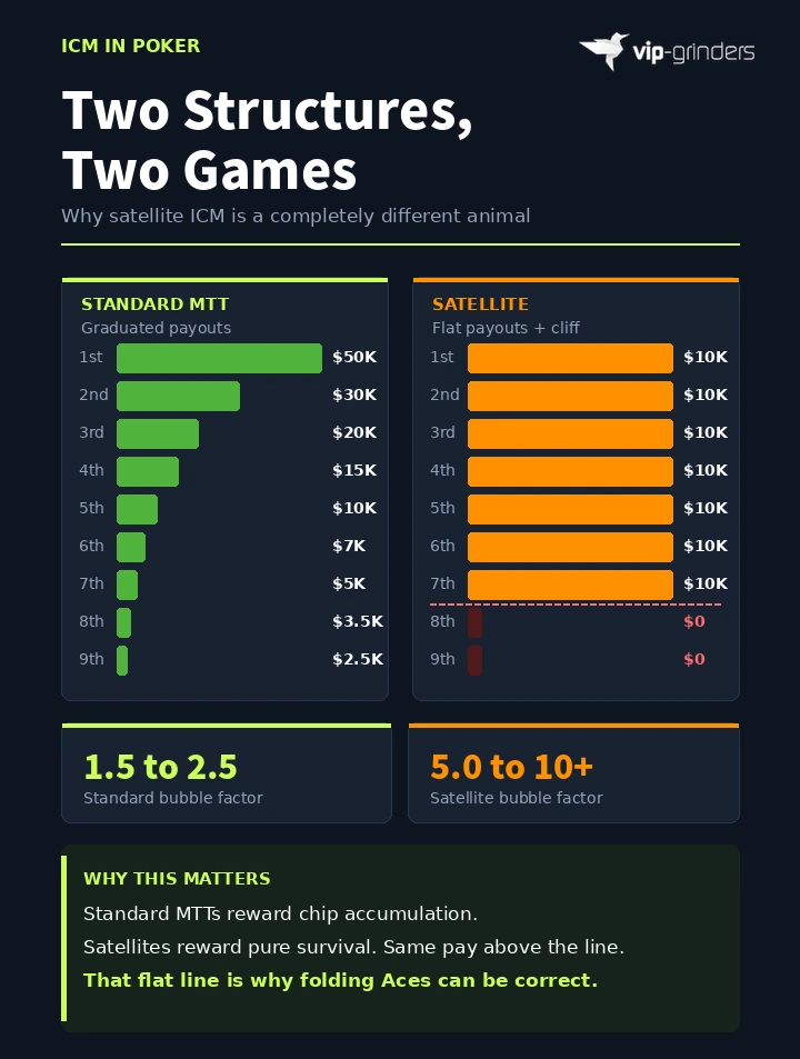 Side-by-side comparison of standard MTT graduated payouts versus satellite flat payouts with a cliff, showing why satellite ICM produces bubble factors of 5.0 to 10+ compared to 1.5 to 2.5 in standard tournaments