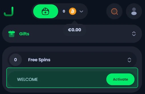 Jackbit mobile account panel showing the FreeSpin Promo section where players enter code WELCOME and click Activate to claim 100 free spins