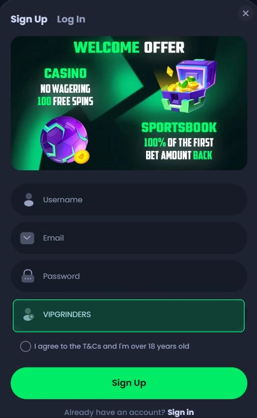 Jackbit mobile signup form showing where to enter the promo code VIPGRINDERS in the referral code field
