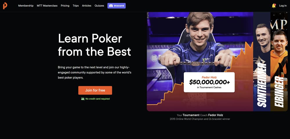 PokerCode homepage banner featuring poker coach Fedor Holz with $50,000,000+ in tournament cashes, alongside SonTheWiser and EDBINGER, promoting online poker training platform with headline 