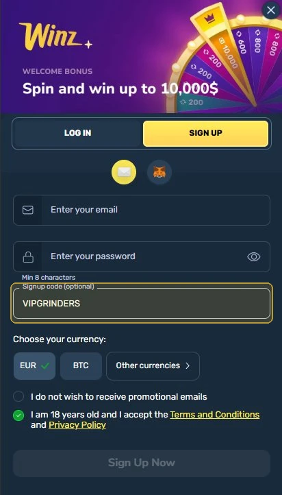 Winz.io mobile signup form showing where to enter the promo code VIPGRINDERS in the signup code field
