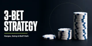 3-bet strategy featured image showing three poker chip stacks ascending in height from left to right like a staircase, representing the escalation from blind to open-raise to 3-bet