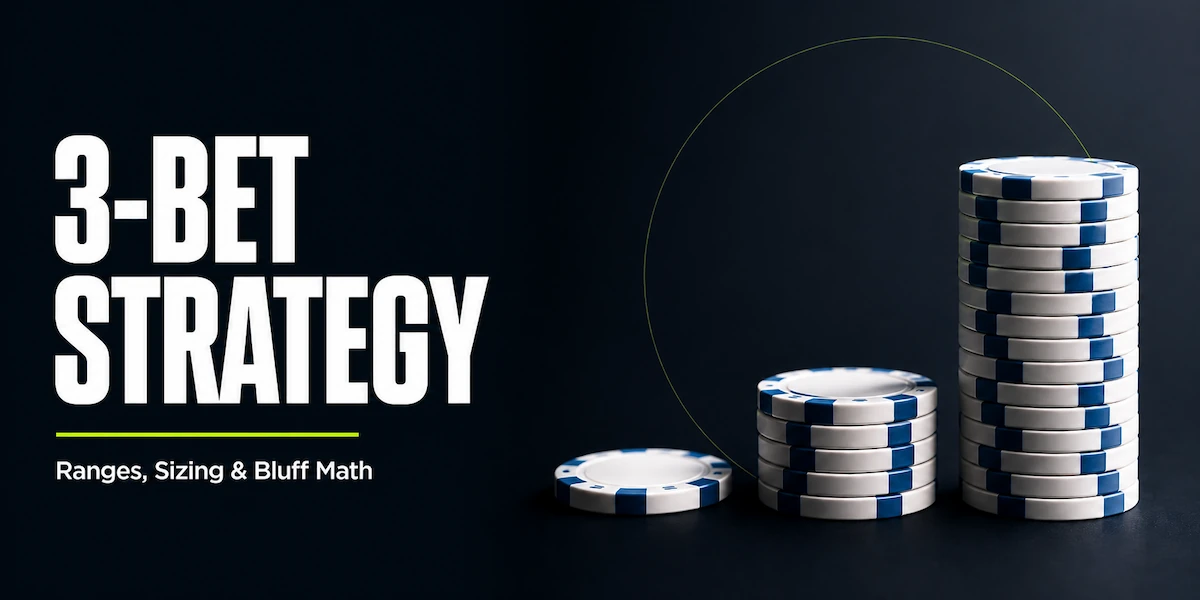 3-Bet Strategy 3-bet strategy featured image showing three poker chip stacks ascending in height from left to right like a staircase, representing the escalation from blind to open-raise to 3-bet
