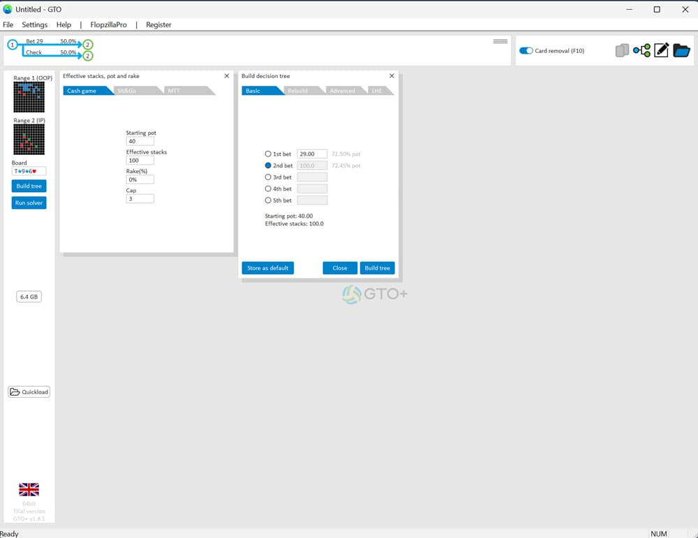 GTO+ poker solver setup screen showing the build decision tree window with effective stack, pot size, rake, and bet sizing options