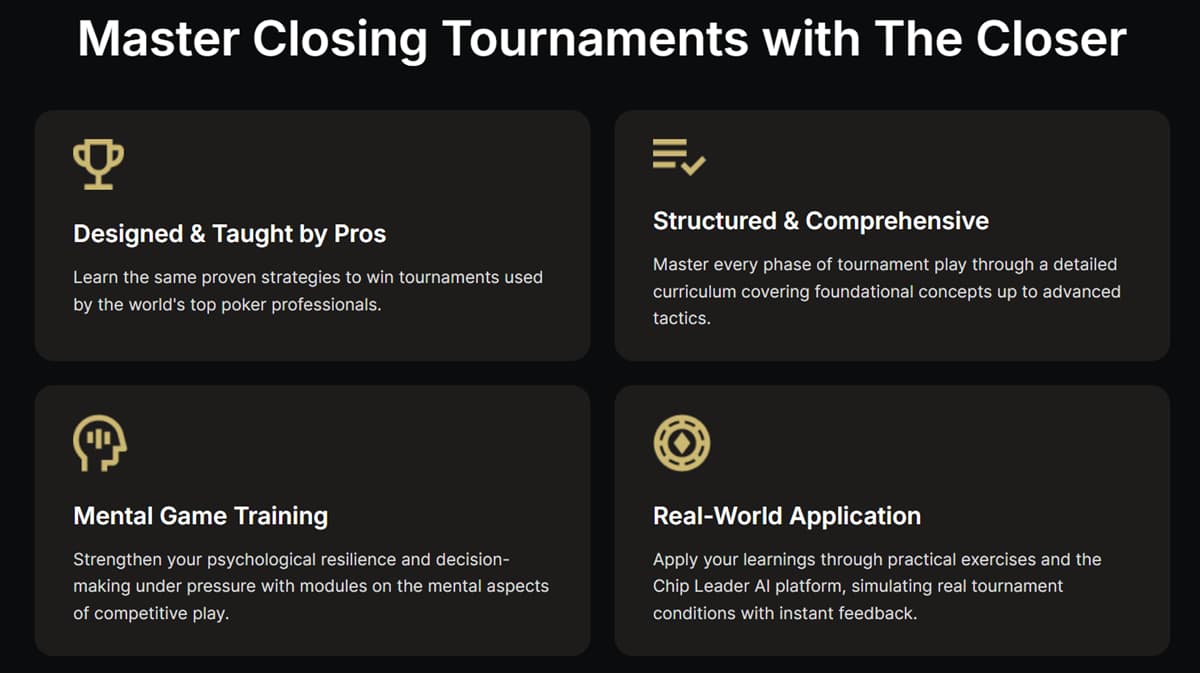 Chip Leader Coaching The Closer course page highlighting tournament poker training, mental game strategy, and real-world poker application