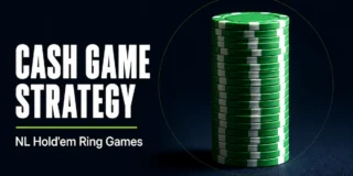 Cash game strategy featured image showing a tall vertical stack of green poker chips on a dark surface, representing a full 100bb deep stack buy-in
