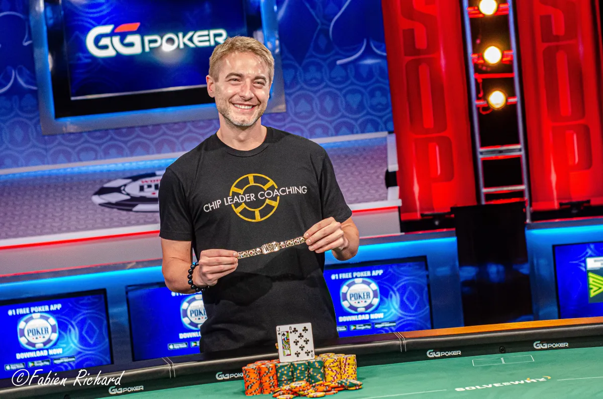 Chance Kornuth celebrates with his WSOP bracelet at the GGPoker World Series of Poker final table