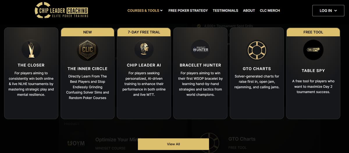 Chip Leader Coaching courses and poker training tools menu featuring Chip Leader AI, GTO Charts, Bracelet Hunter, and Table Spy