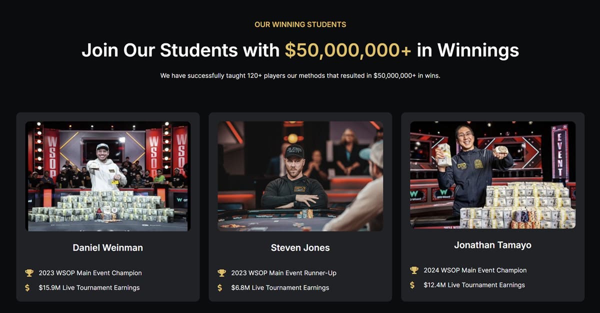 Chip Leader Coaching winning students section featuring WSOP champions Daniel Weinman, Steven Jones, and Jonathan Tamayo with $50,000,000+ in poker tournament winnings
