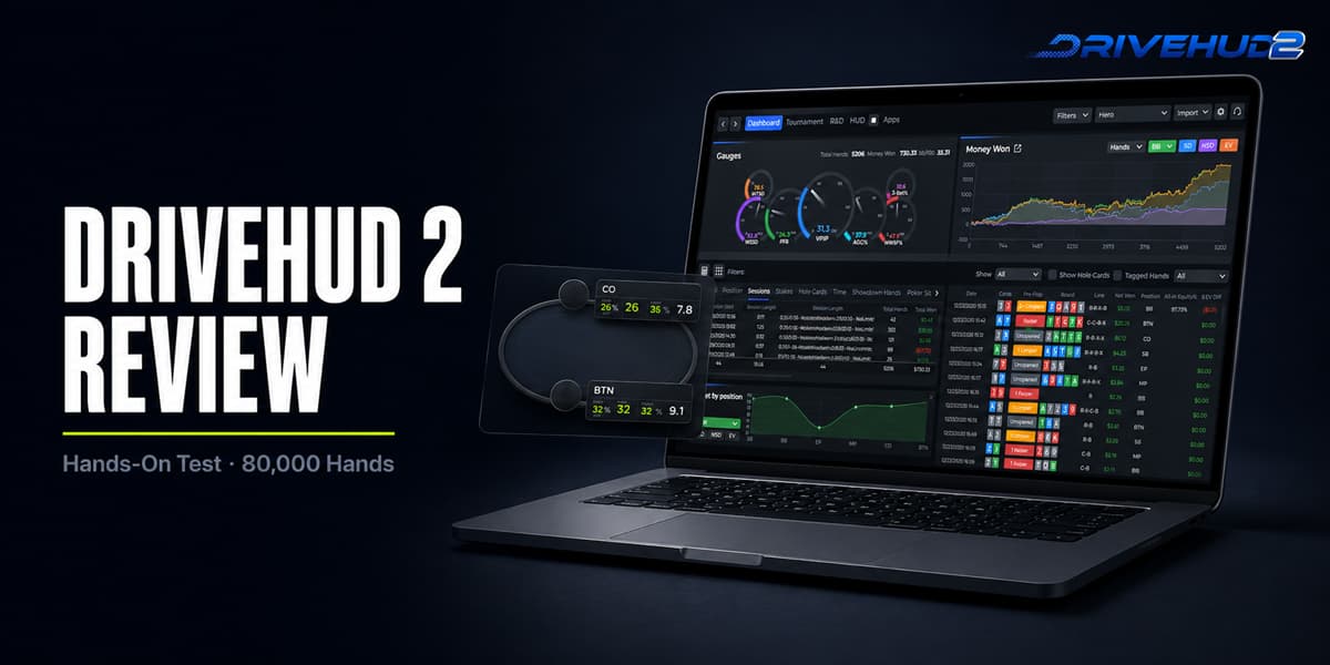 DriveHUD 2 Review DriveHUD 2 Review featured image showing a sharp poker tracking software dashboard on a laptop screen with HUD stat overlays, DriveHUD 2 logo, and “Hands-On Test · 80,000 Hands” text