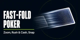 Fast-fold poker strategy featured image showing a single face-down playing card in mid-flight with motion blur streaks trailing behind it, representing the instant dealing speed of Zoom, Rush & Cash, and Snap formats