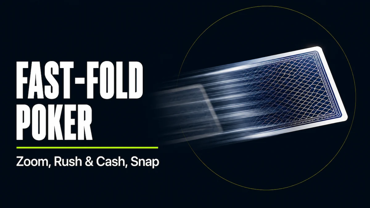 Fast-fold poker strategy featured image showing a single face-down playing card in mid-flight with motion blur streaks trailing behind it, representing the instant dealing speed of Zoom, Rush & Cash, and Snap formats