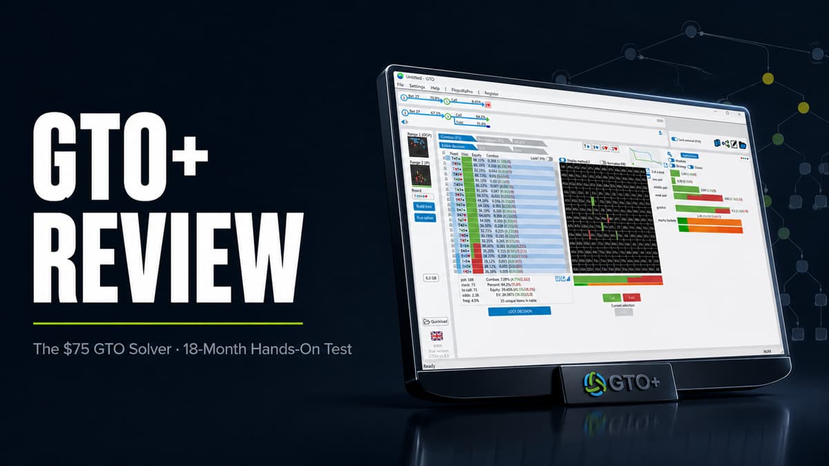 GTO+ Review featured image showing the GTO poker solver interface on a premium 3D screen with bold strategy guide title text and software analysis visuals