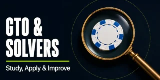 GTO and solvers strategy featured image showing a brass magnifying glass with a white and blue poker chip enlarged through the lens, representing the close analytical study of game theory optimal poker