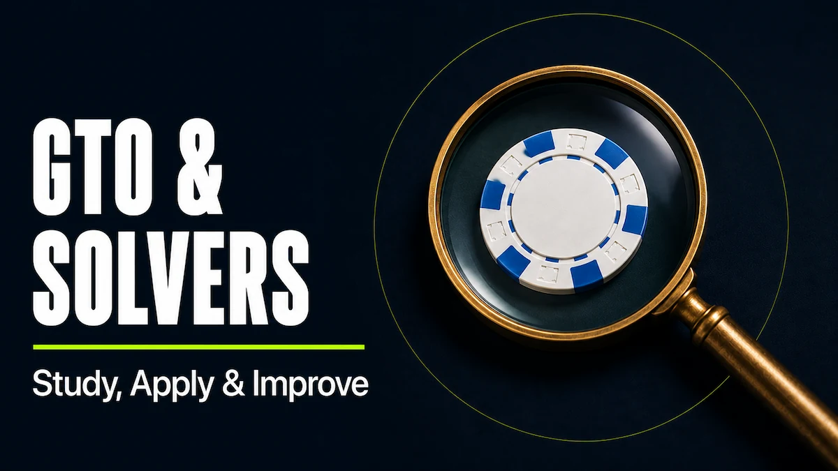 GTO Poker Solvers GTO and solvers strategy featured image showing a brass magnifying glass with a white and blue poker chip enlarged through the lens, representing the close analytical study of game theory optimal poker