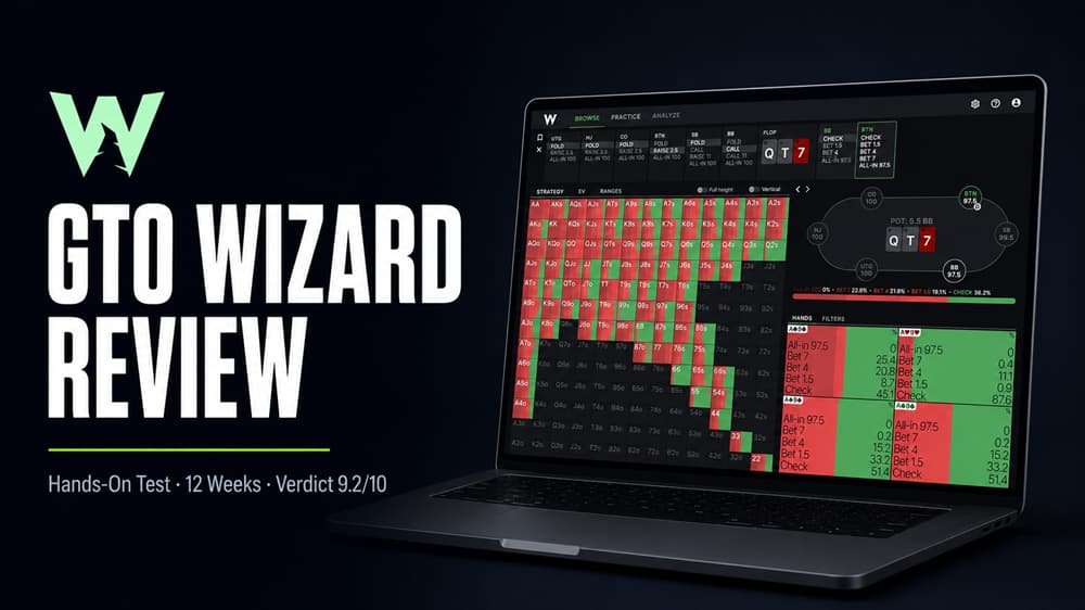 GTO Wizard Homepage Professional featured image for a GTO Wizard review guide showing a matte-black laptop with real poker solver range charts, bold “GTO WIZARD REVIEW” typography, and dark premium poker strategy aesthetics