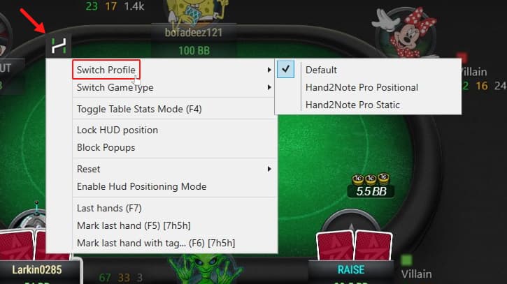 Hand2Note HUD Profile Menu Hand2Note HUD profile menu on a poker table showing options to switch between Default, Hand2Note Pro Positional, and Hand2Note Pro Static HUD layouts