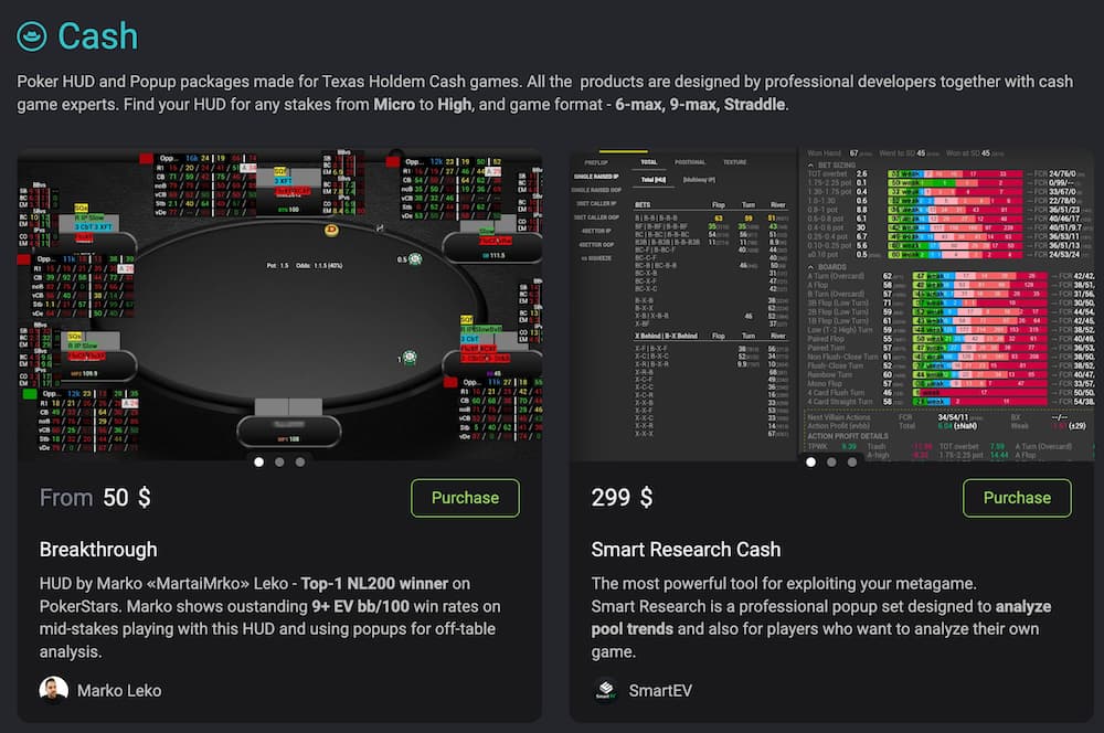 Hand2Note Cash HUDs Hand2Note Cash HUD packages page showing Breakthrough and Smart Research Cash tools for Texas Hold’em cash game analysis with HUD stats, popup panels, and purchase options